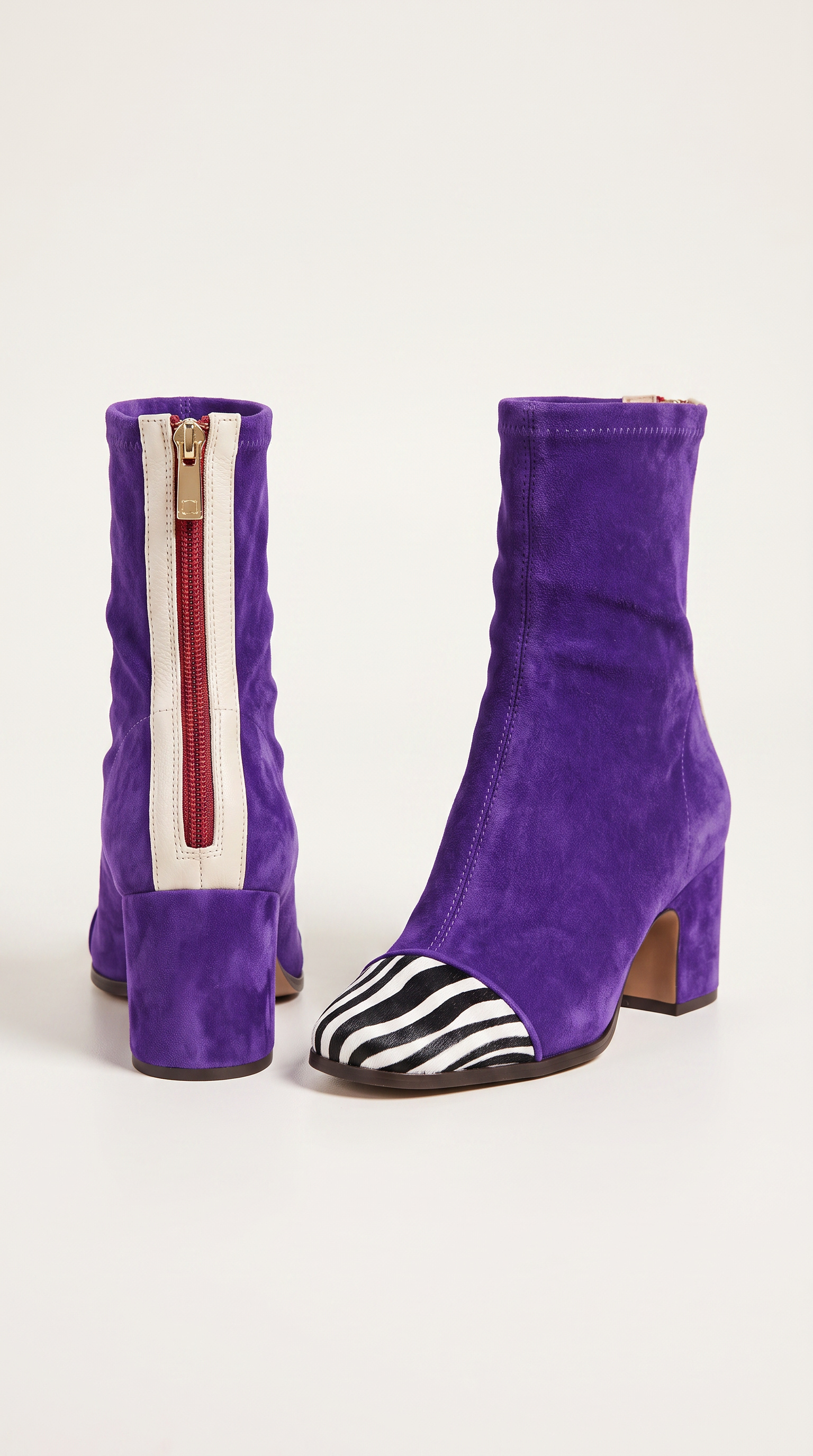 Purple Suede Zebra Print Block Heel Ankle Boots