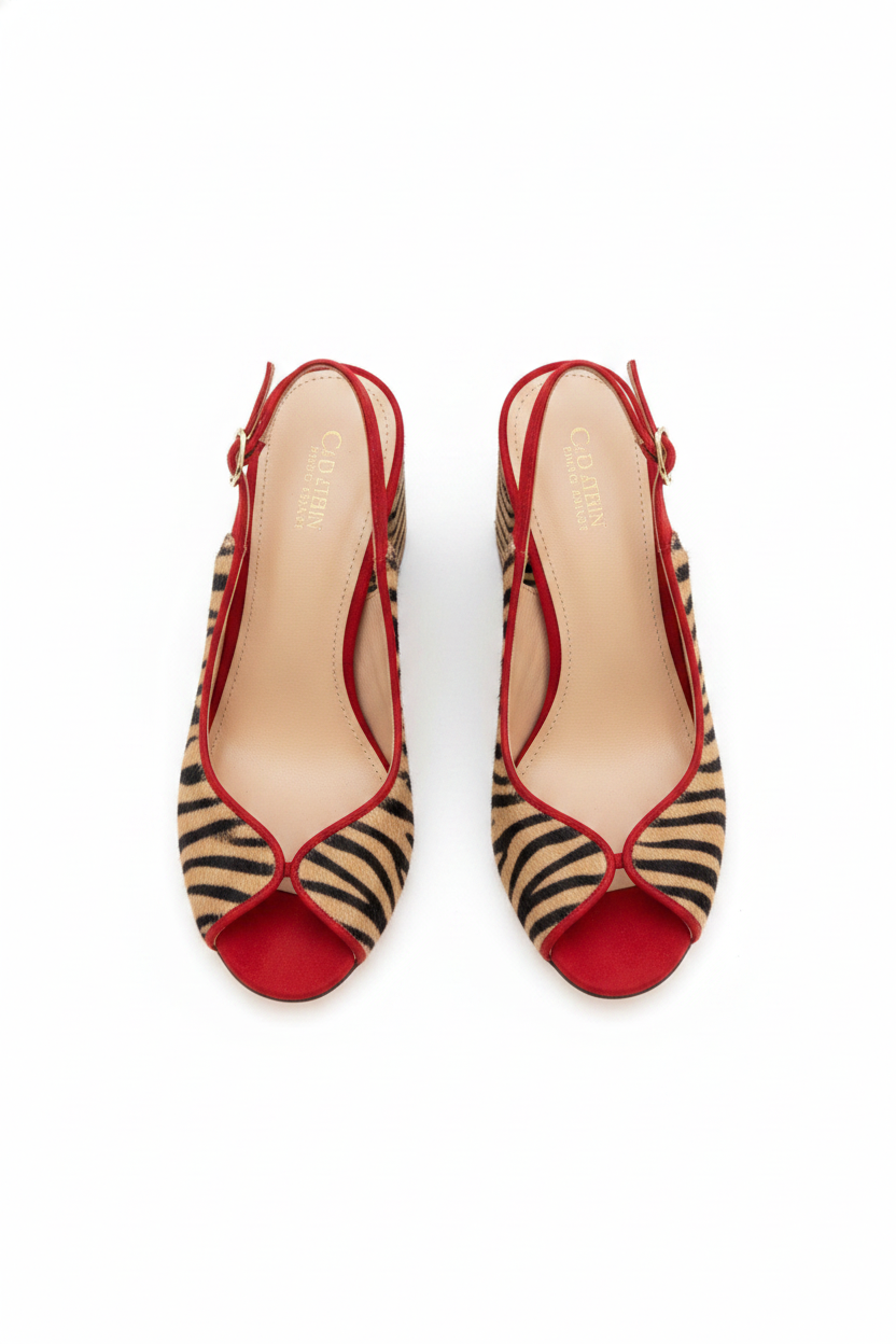 Red Trim Zebra Print Peep-Toe Slingback Block Heel Pumps