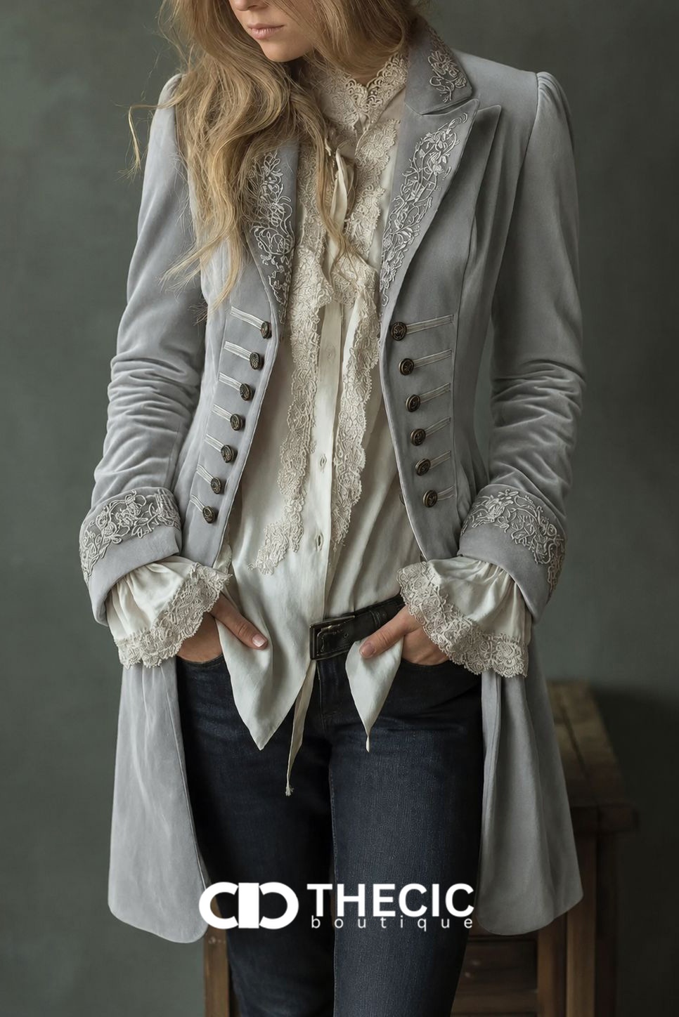 Regal Velvet Embroidered Military Button-Front Longline Coat