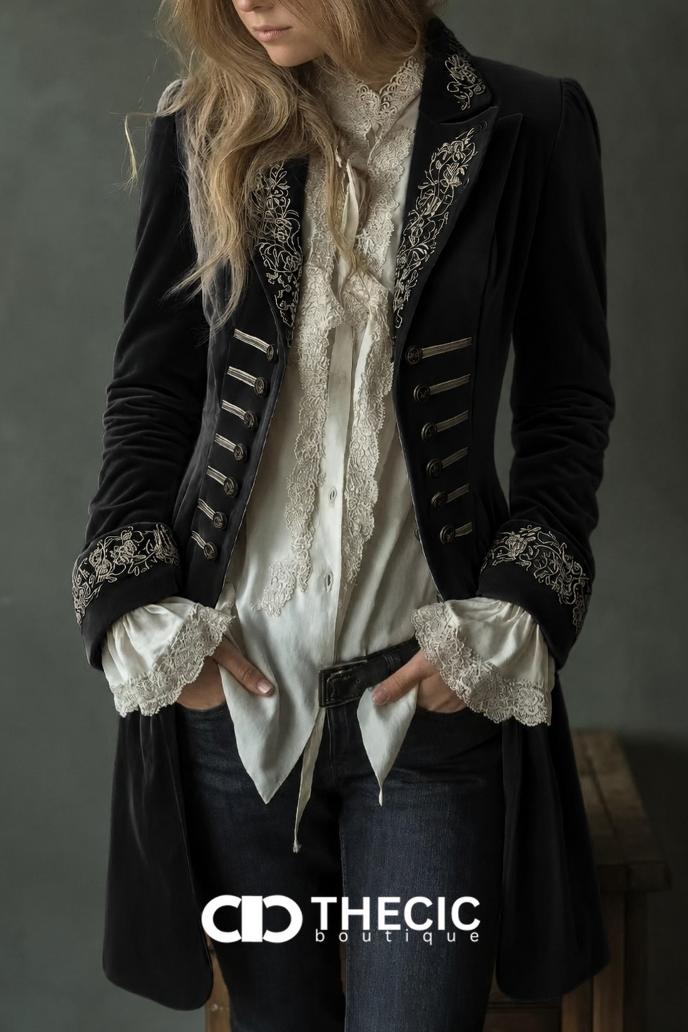 Regal Velvet Embroidered Military Button-Front Longline Coat