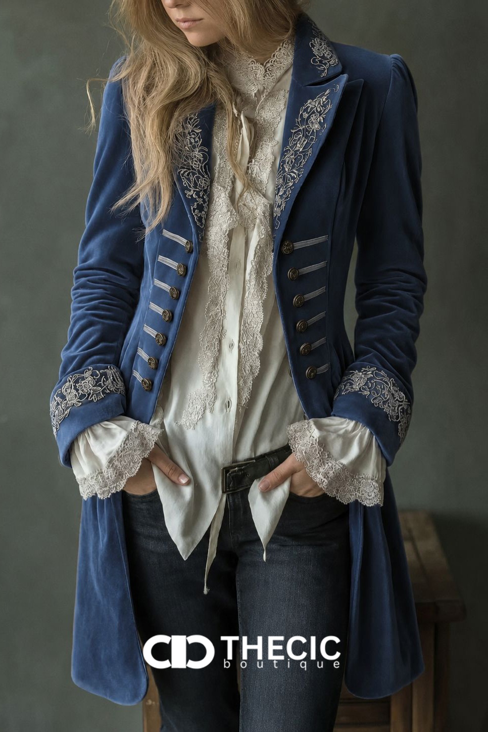 Regal Velvet Embroidered Military Button-Front Longline Coat