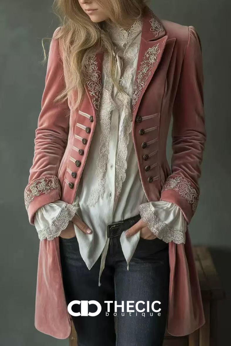 Regal Velvet Embroidered Military Button-Front Longline Coat