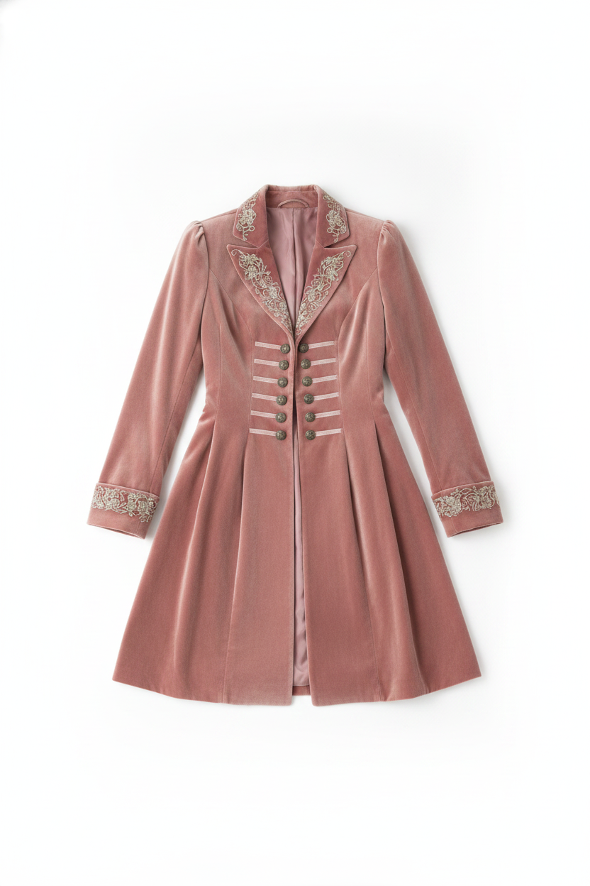 Regal Velvet Embroidered Military Button-Front Longline Coat