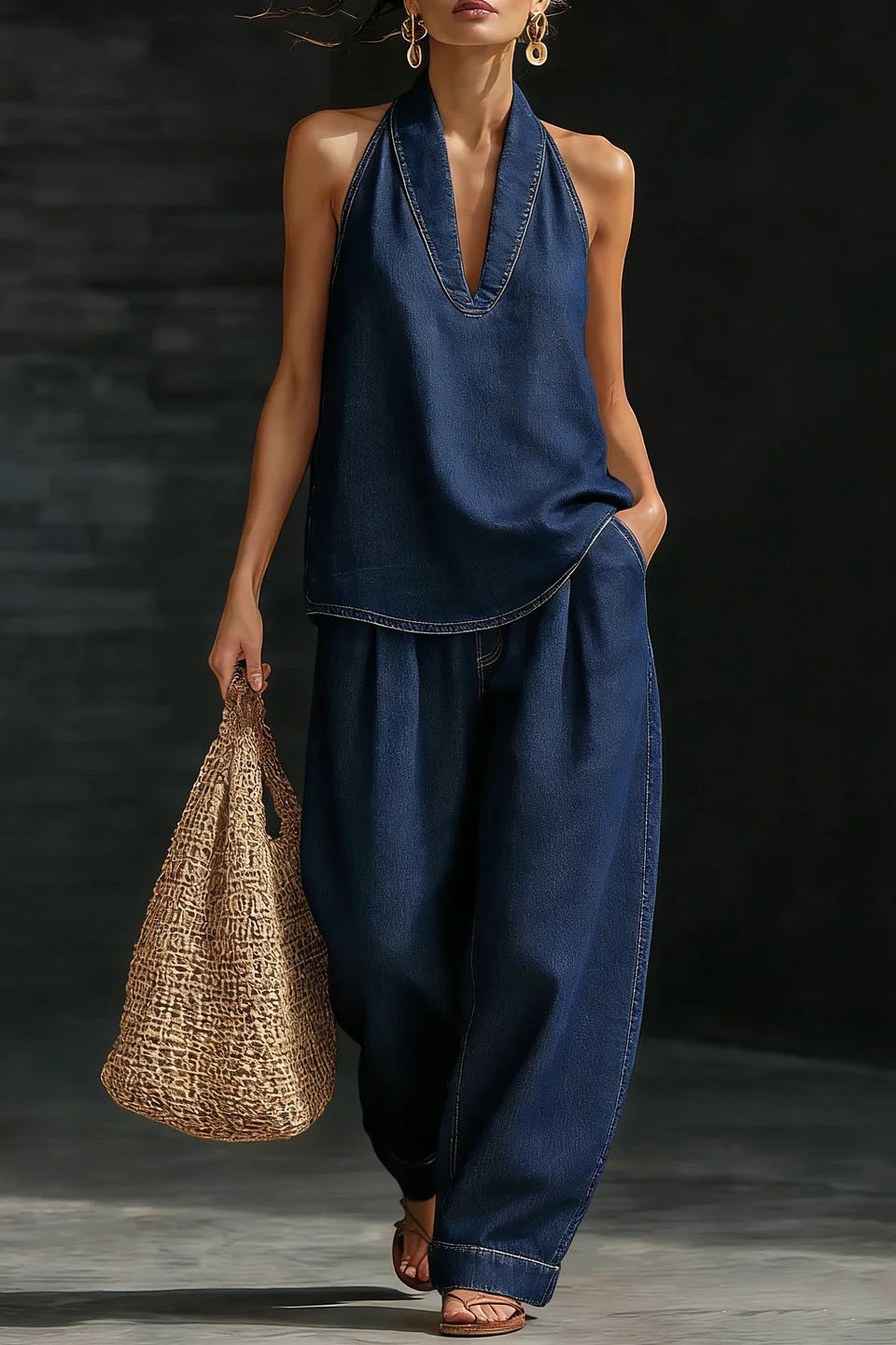 Relaxed Chambray Halter V-Neck Wide-Leg Set