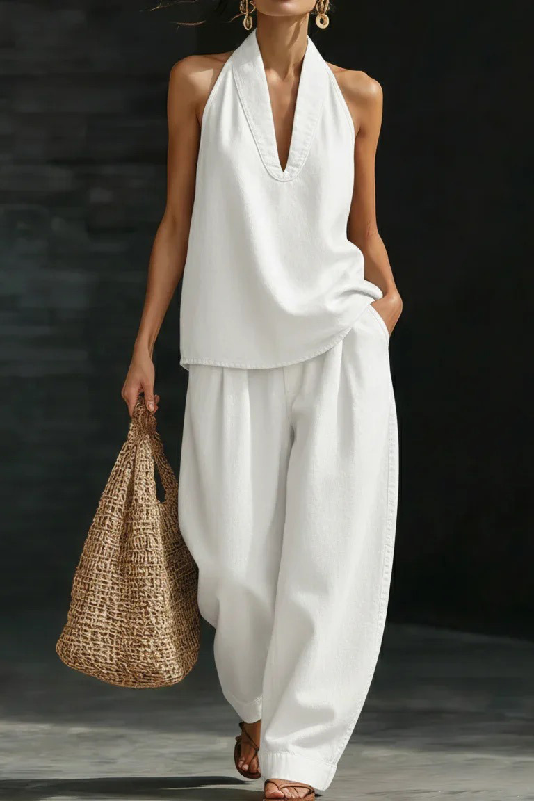Relaxed Chambray Halter V-Neck Wide-Leg Set