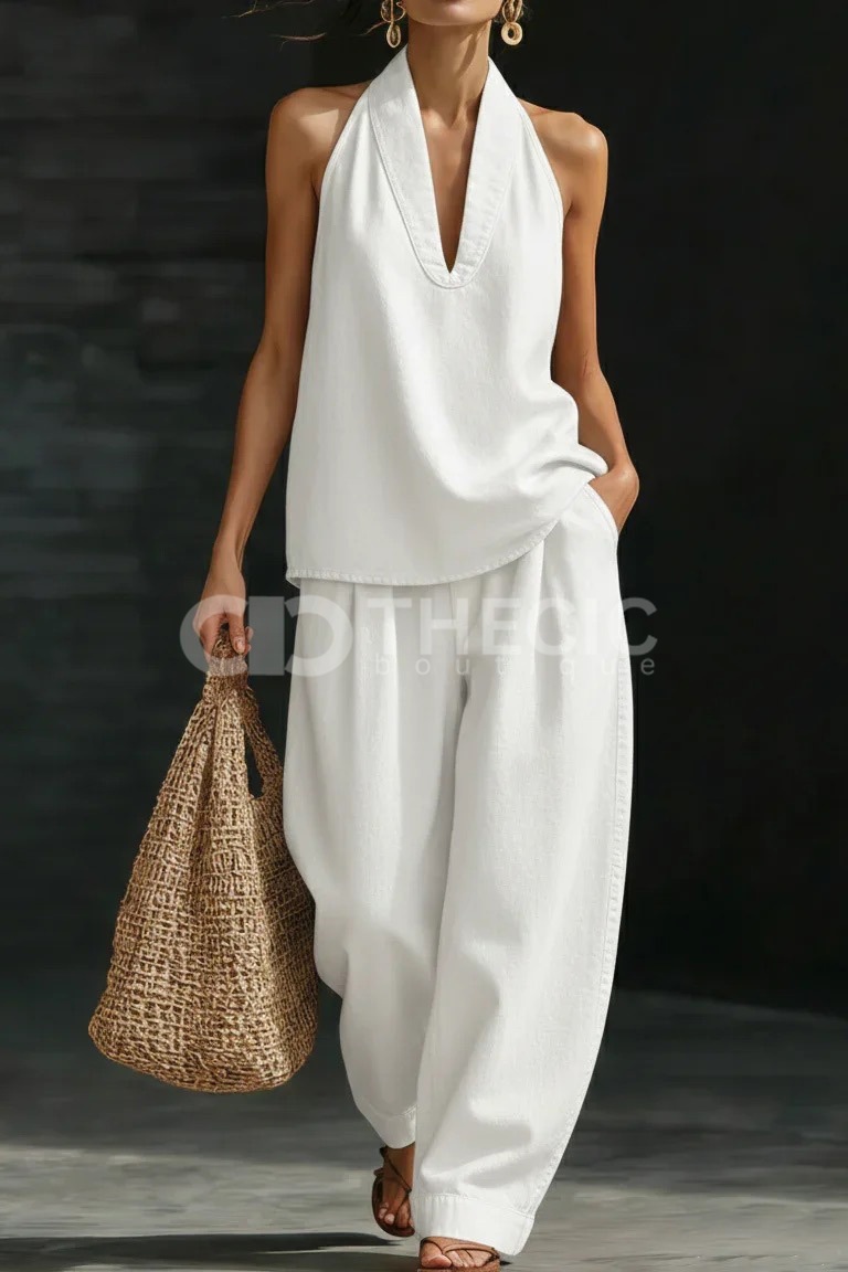 Relaxed Chambray Halter V-Neck Wide-Leg Set