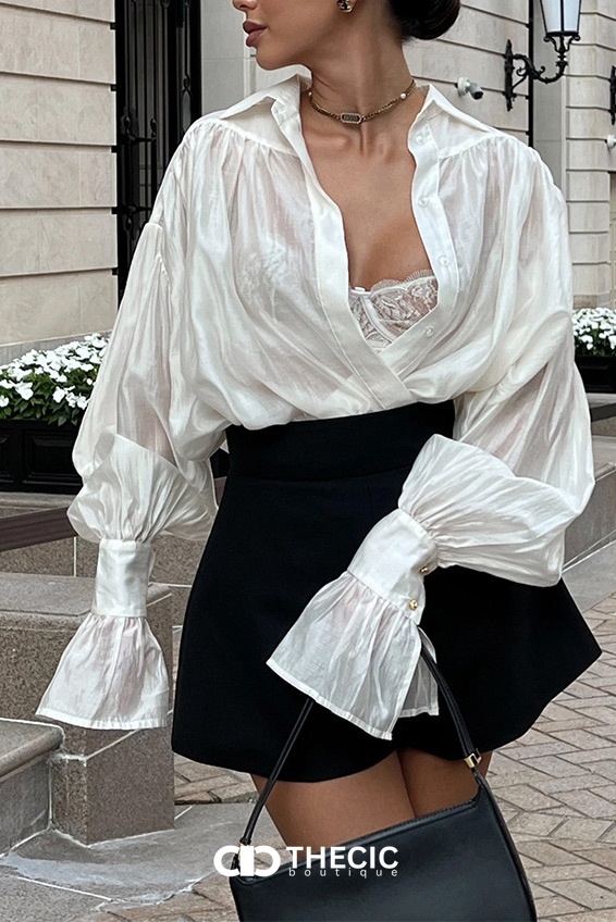 Relaxed Fit Crinkled Sheer Voluminous Sleeve Blouse