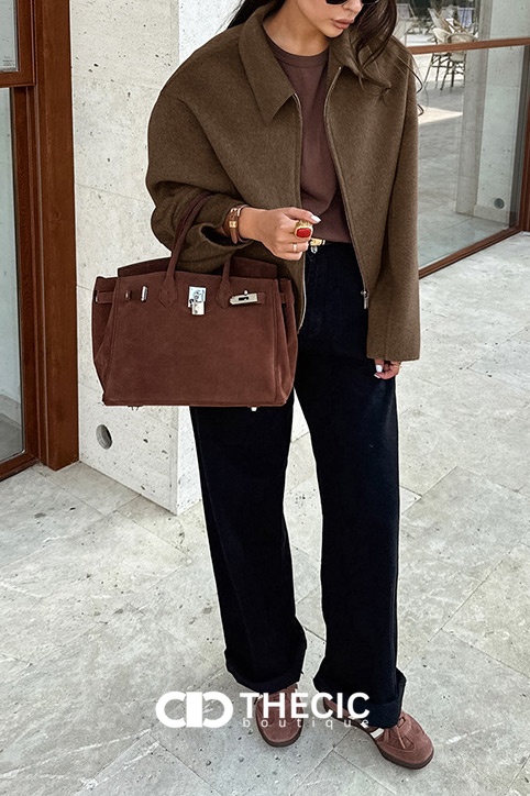 Relaxed Fit Felted Fabric Cropped Zip-Up Jacket
