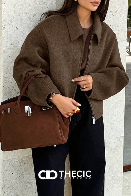 Relaxed Fit Felted Fabric Cropped Zip-Up Jacket