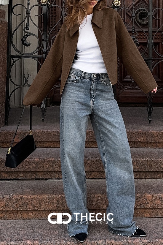 Relaxed Fit Felted Fabric Cropped Zip-Up Jacket