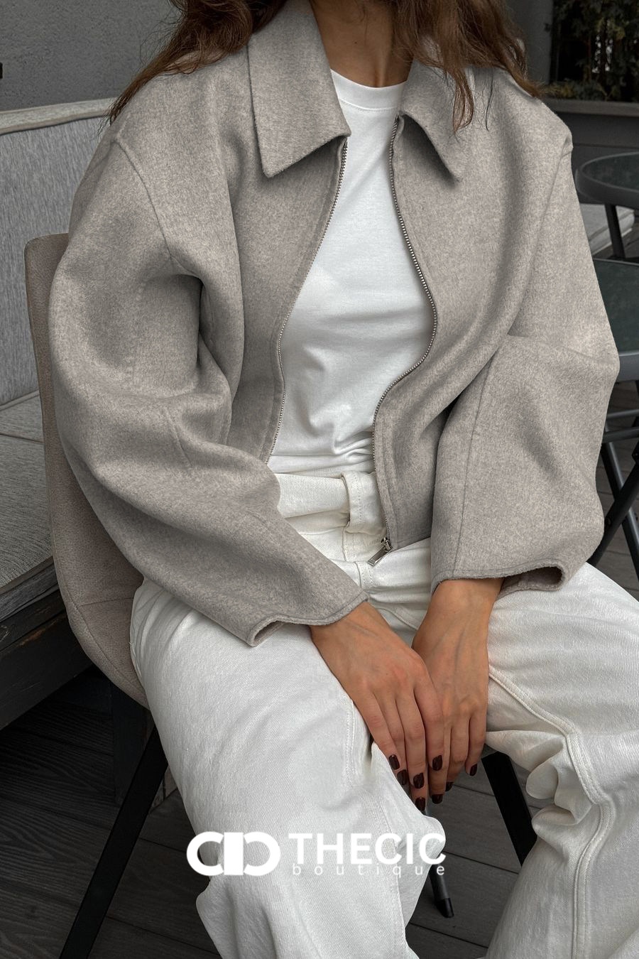 Relaxed Fit Felted Fabric Cropped Zip-Up Jacket
