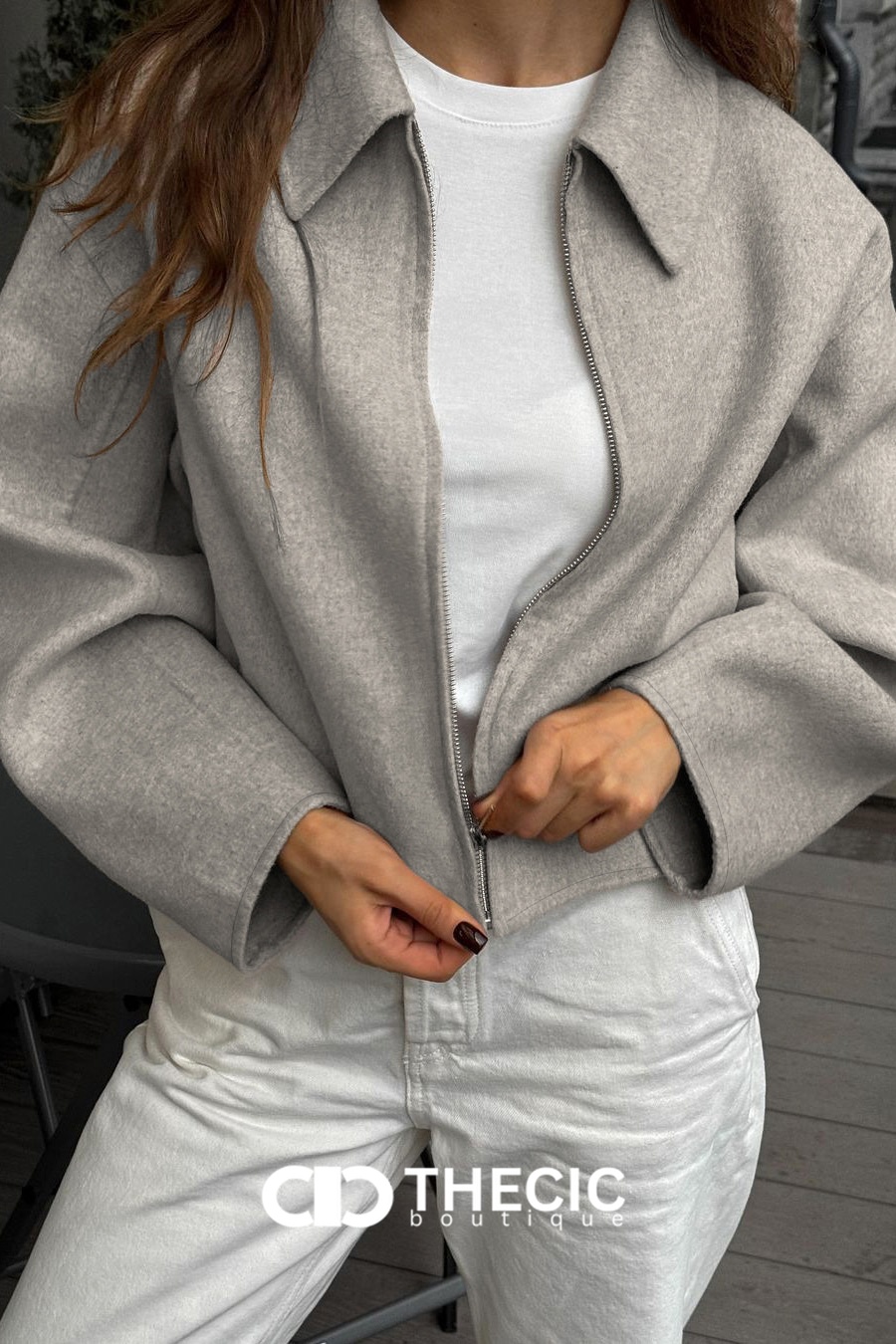 Relaxed Fit Felted Fabric Cropped Zip-Up Jacket