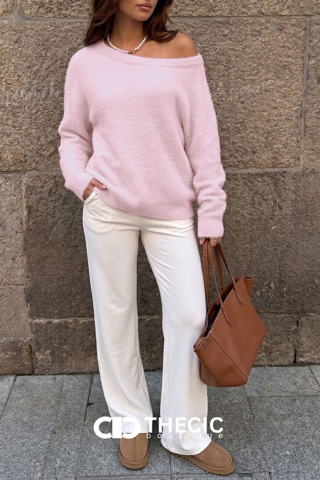 Relaxed Fit Fuzzy Knit Off-Shoulder Sweater