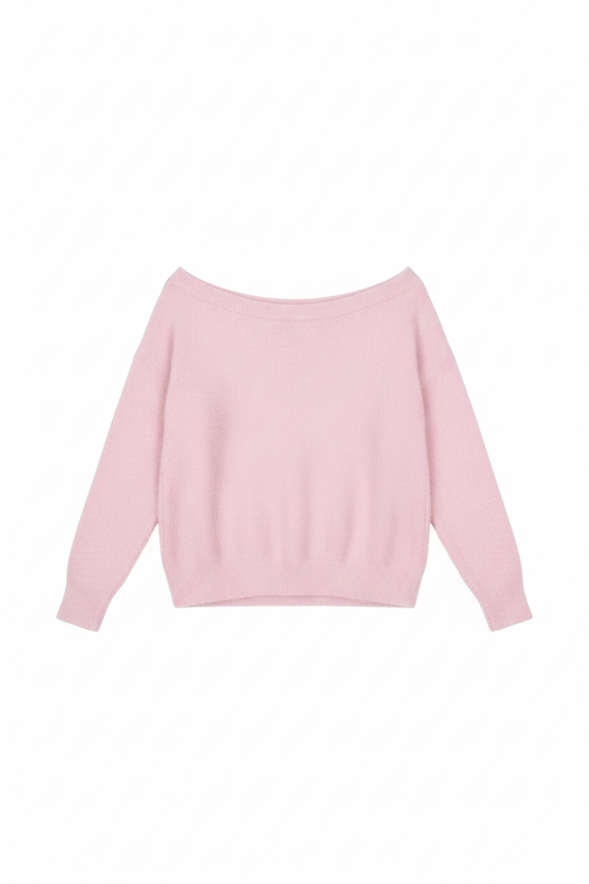 Relaxed Fit Fuzzy Knit Off-Shoulder Sweater