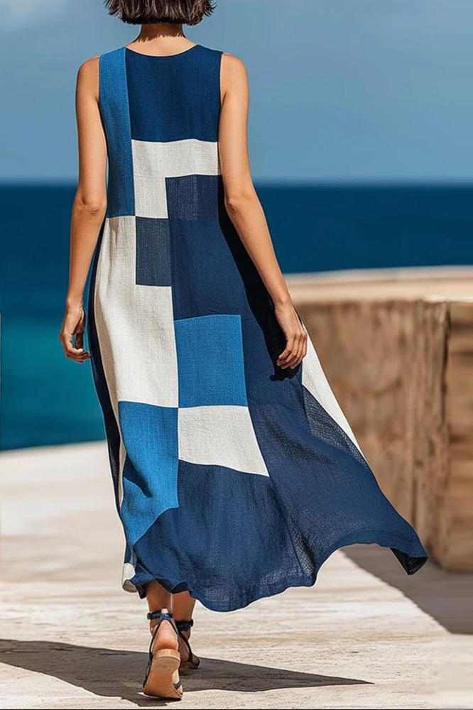 Relaxed Fit Geometric Patchwork Sleeveless Maxi Dress