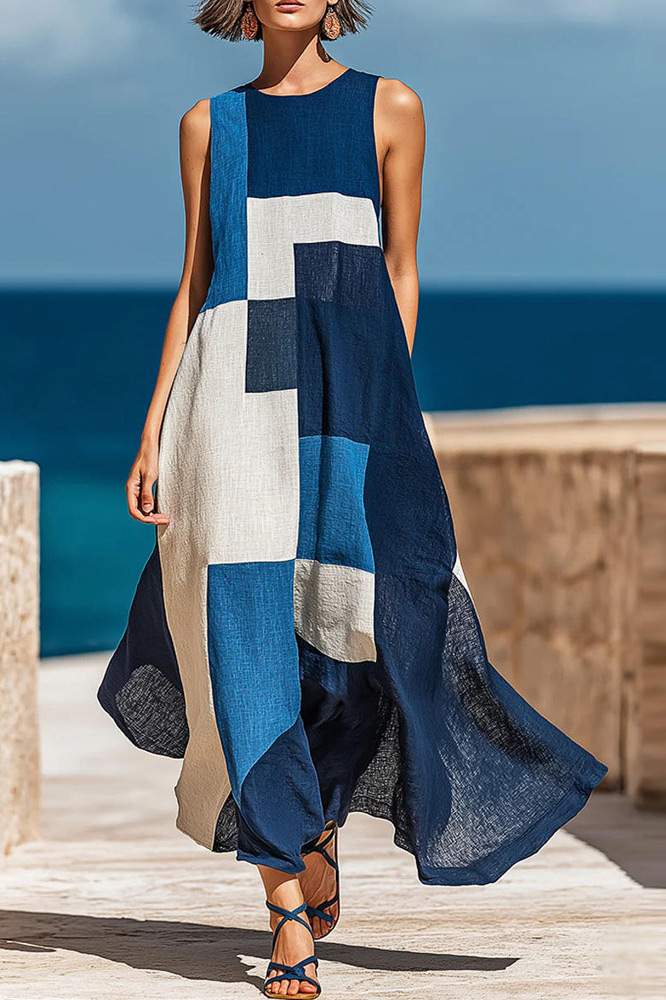 Relaxed Fit Geometric Patchwork Sleeveless Maxi Dress