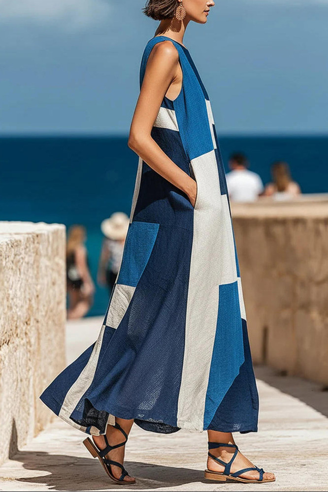Relaxed Fit Geometric Patchwork Sleeveless Maxi Dress