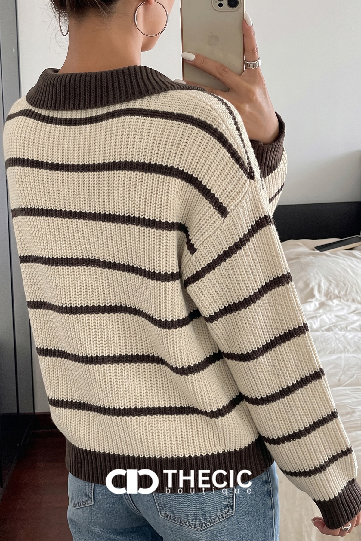 Relaxed Fit Striped Knit Polo Collar Sweater