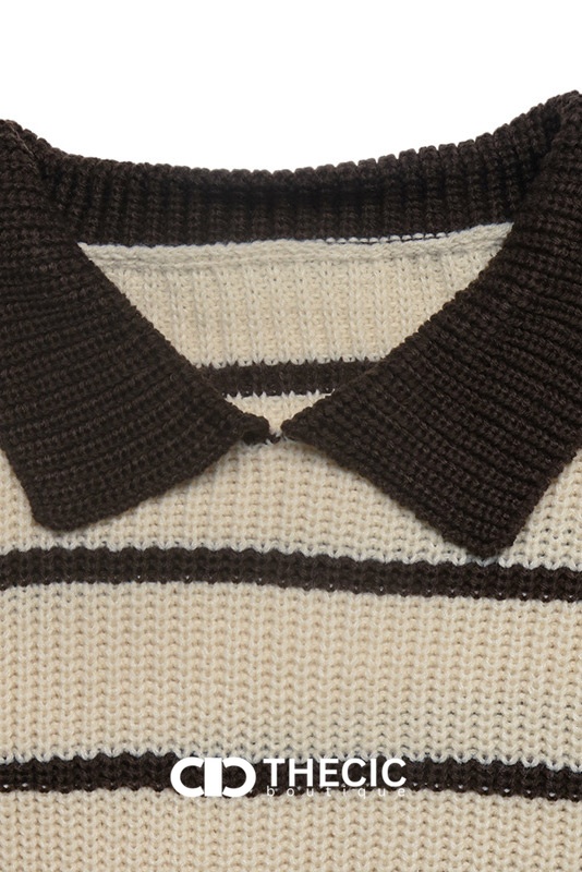 Relaxed Fit Striped Knit Polo Collar Sweater
