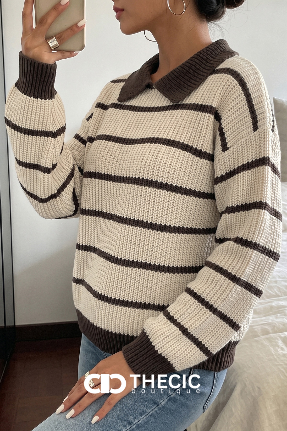 Relaxed Fit Striped Knit Polo Collar Sweater