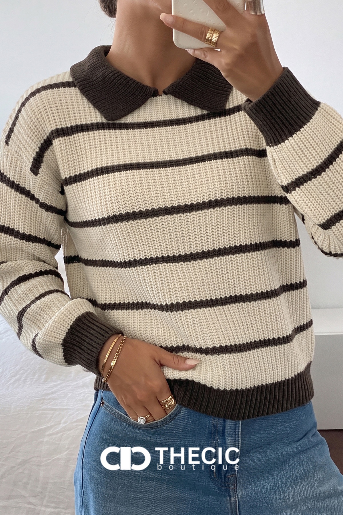 Relaxed Fit Striped Knit Polo Collar Sweater