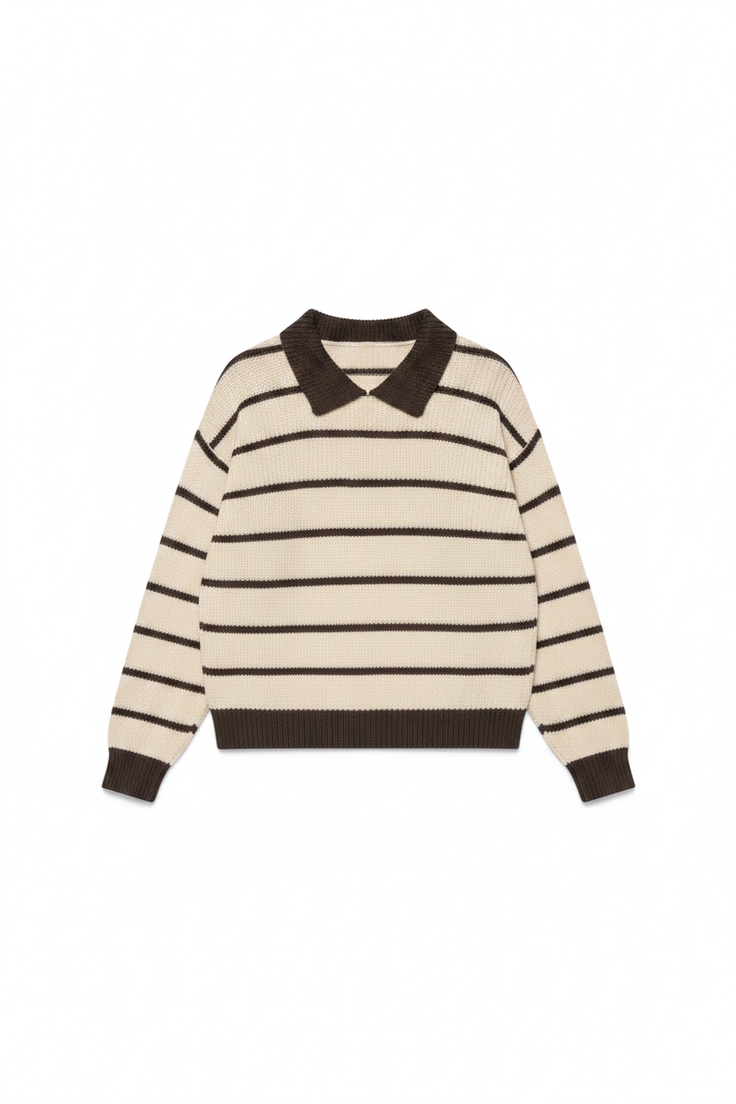 Relaxed Fit Striped Knit Polo Collar Sweater