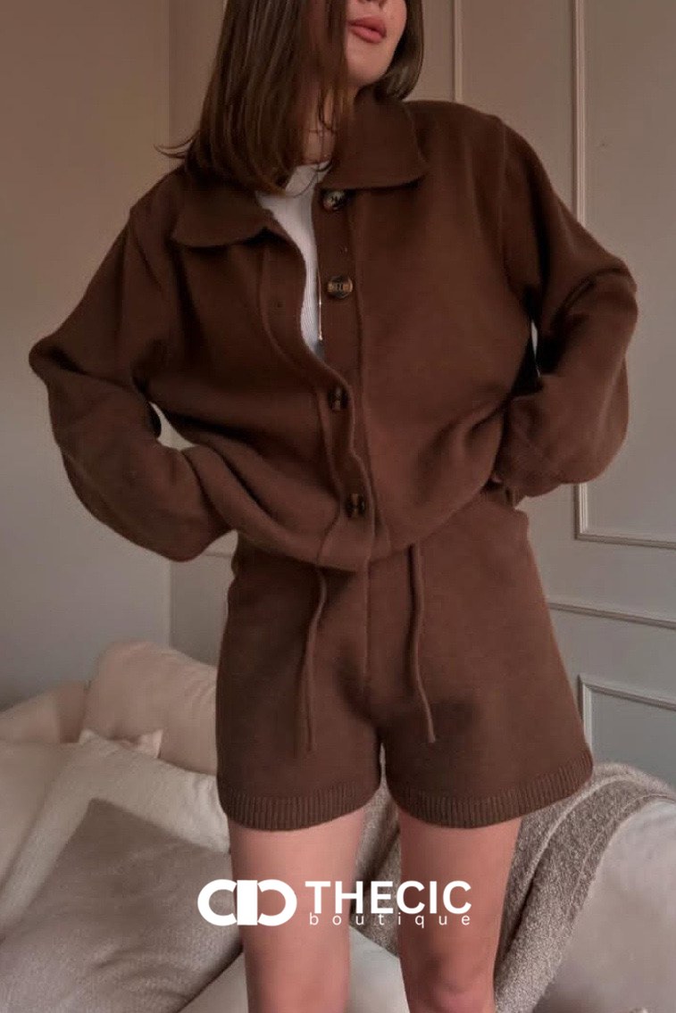 Relaxed Knit Collared Shorts Two-Piece Set