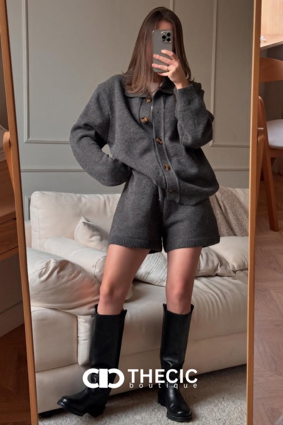 Relaxed Knit Collared Shorts Two-Piece Set