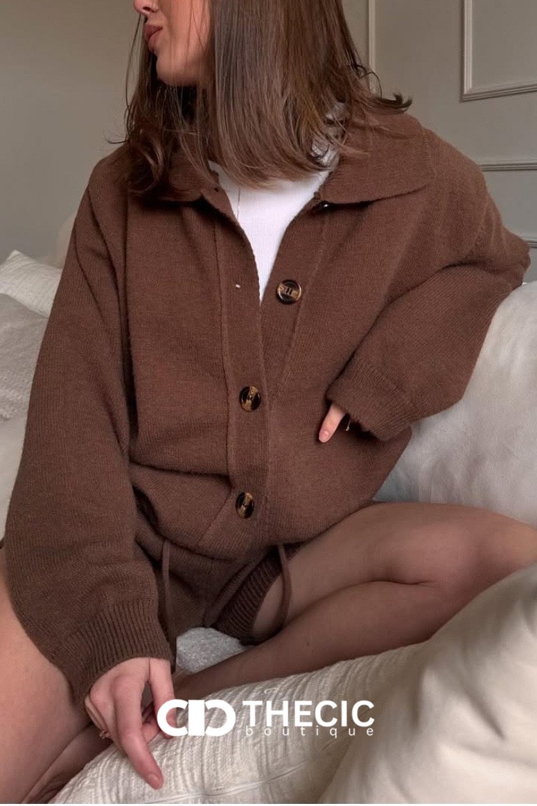Relaxed Knit Collared Shorts Two-Piece Set