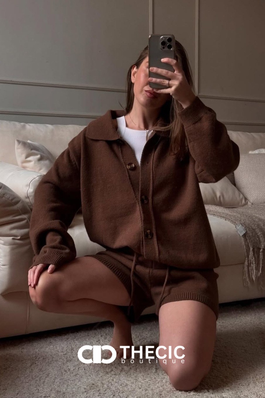 Relaxed Knit Collared Shorts Two-Piece Set