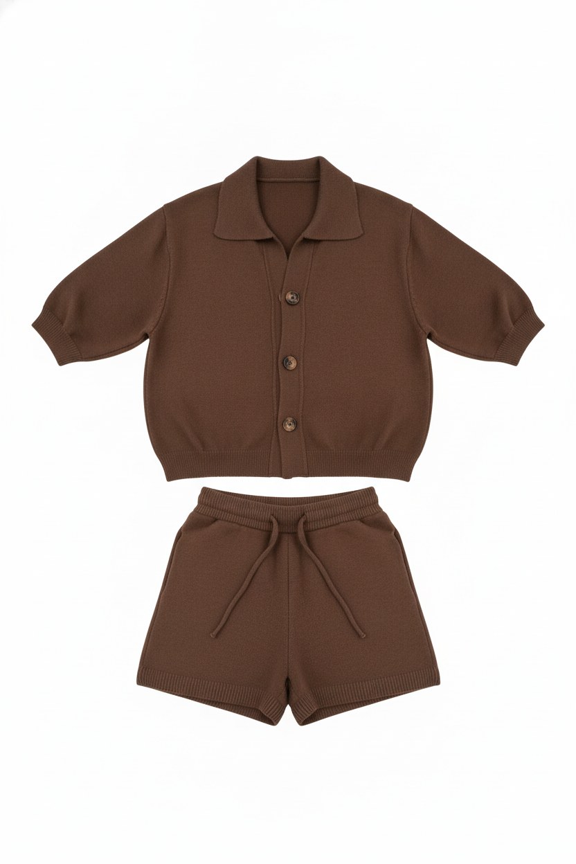 Relaxed Knit Collared Shorts Two-Piece Set