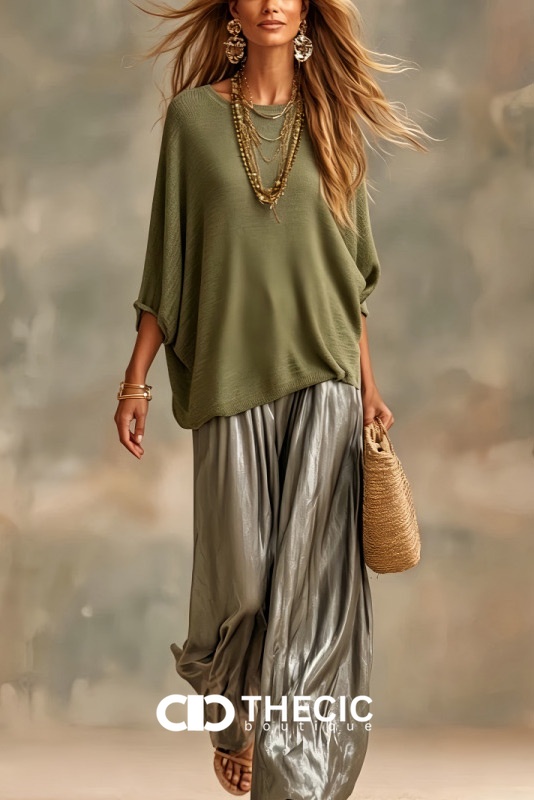 Relaxed Knit Dolman Top Metallic Wide Leg Pants Set