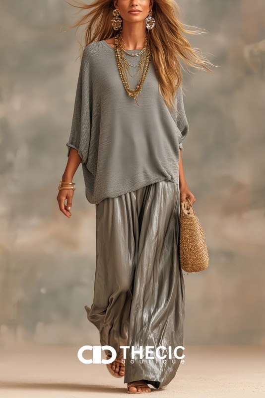Relaxed Knit Dolman Top Metallic Wide Leg Pants Set