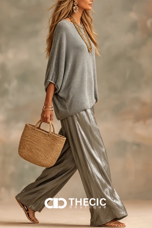 Relaxed Knit Dolman Top Metallic Wide Leg Pants Set