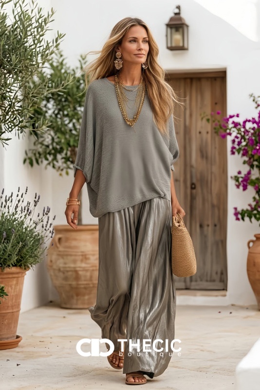 Relaxed Knit Dolman Top Metallic Wide Leg Pants Set