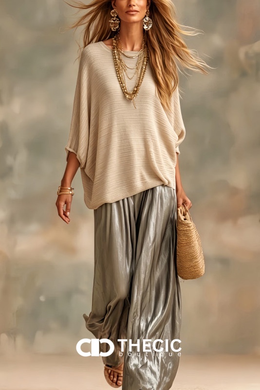 Relaxed Knit Dolman Top Metallic Wide Leg Pants Set