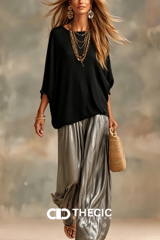 Relaxed Knit Dolman Top Metallic Wide Leg Pants Set