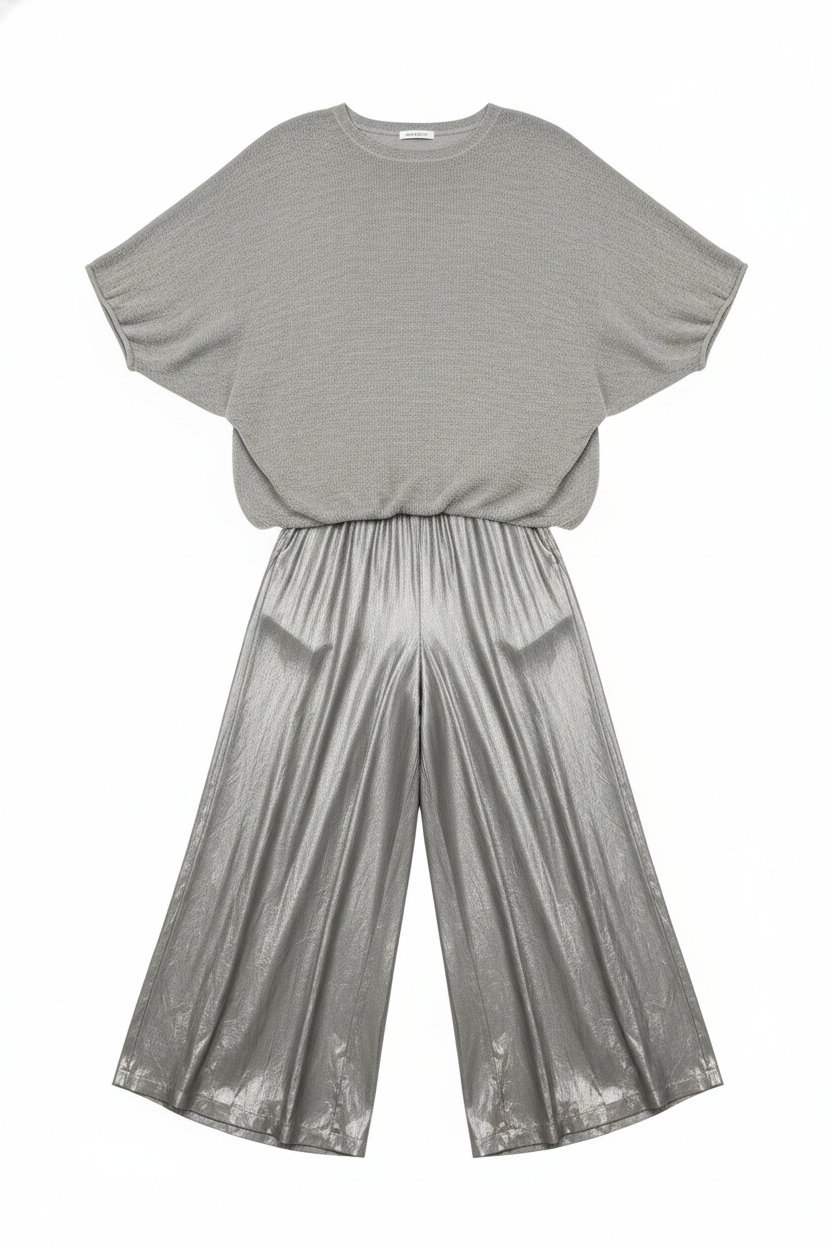 Relaxed Knit Dolman Top Metallic Wide Leg Pants Set