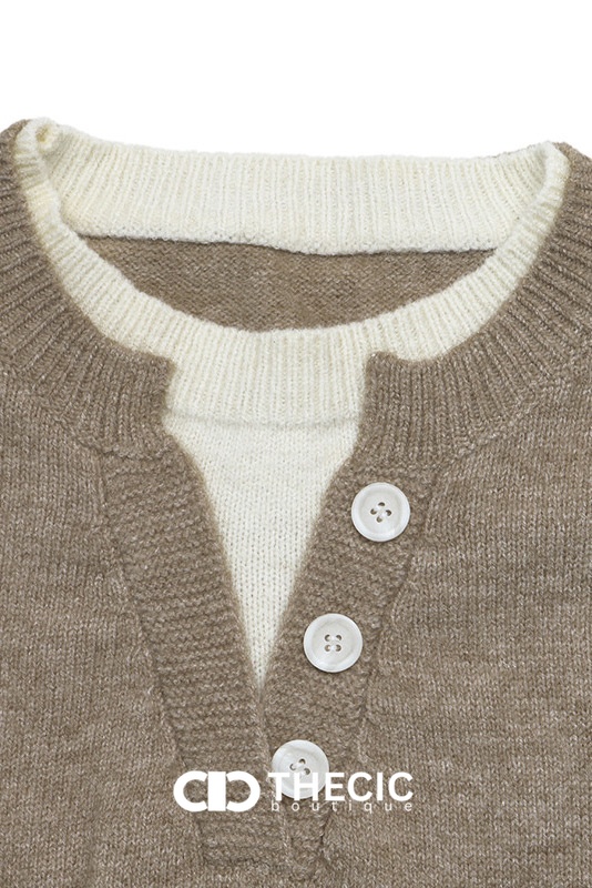 Relaxed Knit Henley V-Neck Sweater