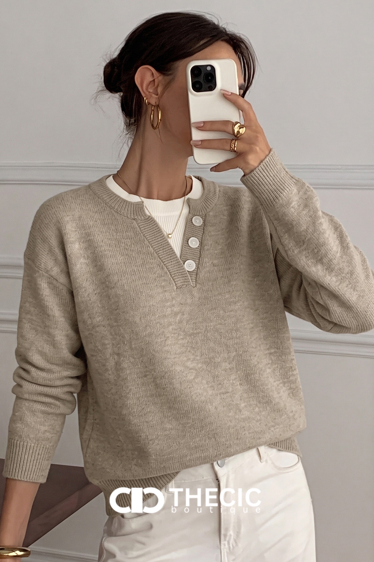 Relaxed Knit Henley V-Neck Sweater
