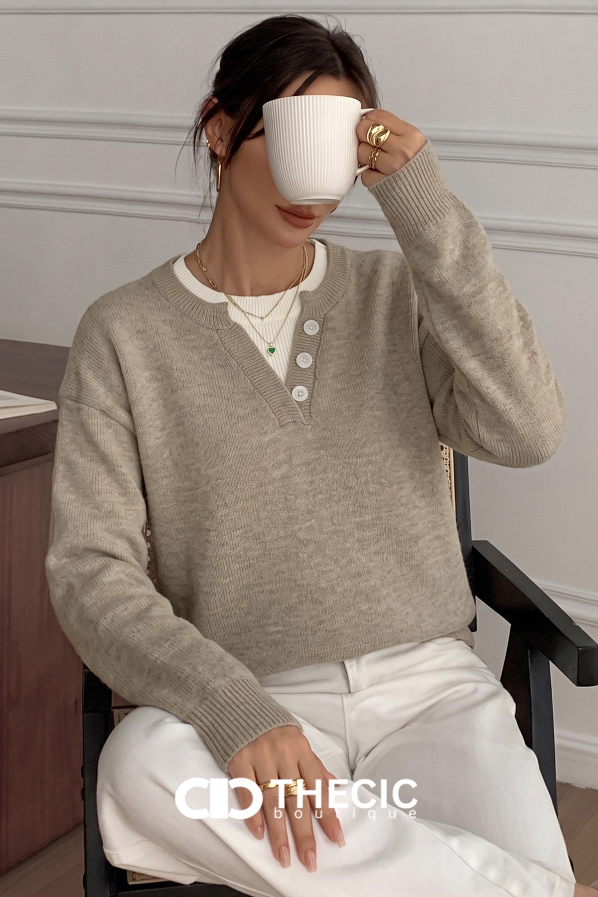 Relaxed Knit Henley V-Neck Sweater