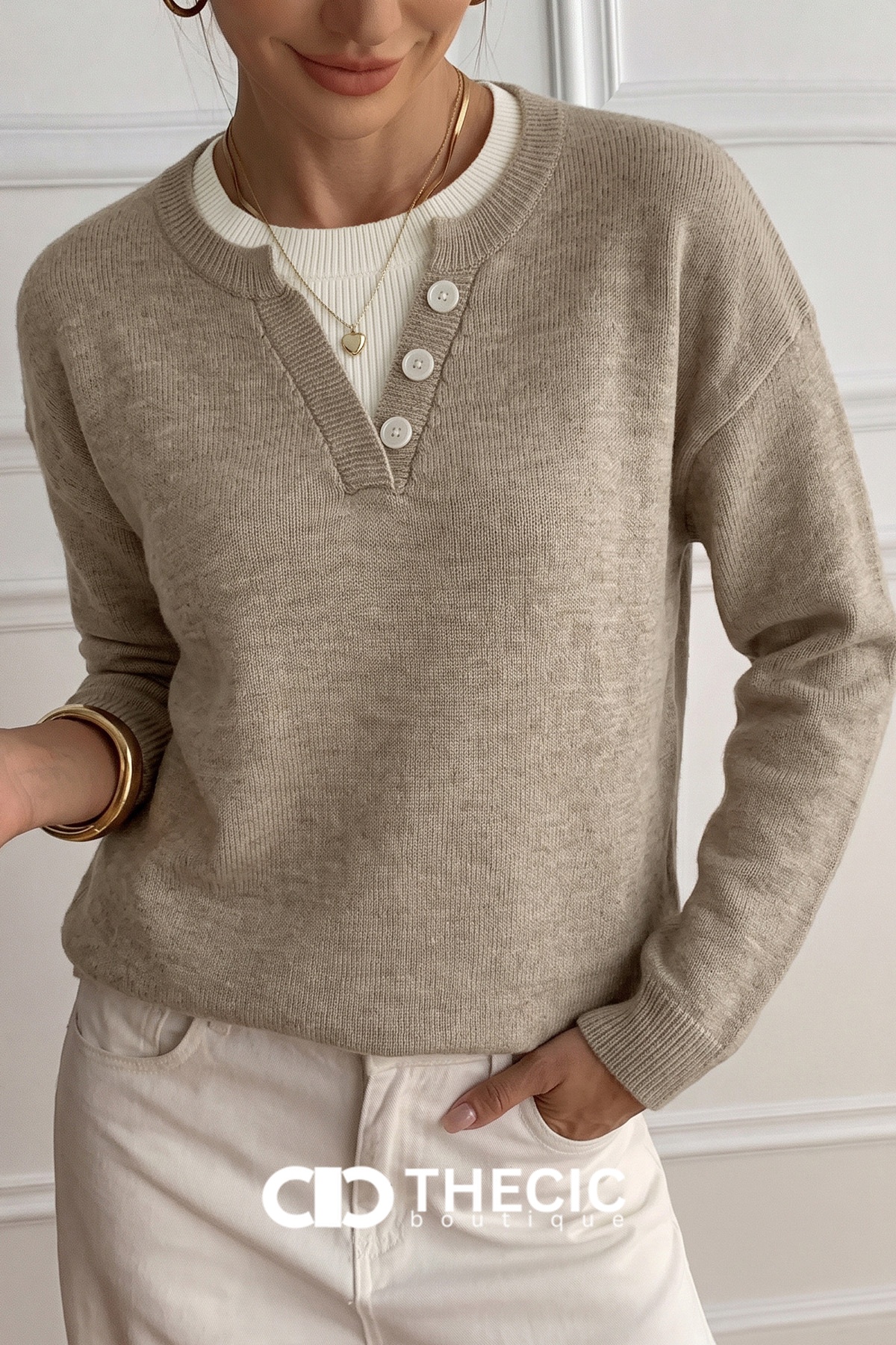 Relaxed Knit Henley V-Neck Sweater