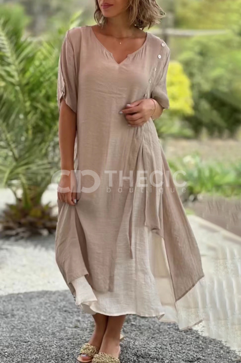 Relaxed Layered V-Neck Side Button Midi Dress