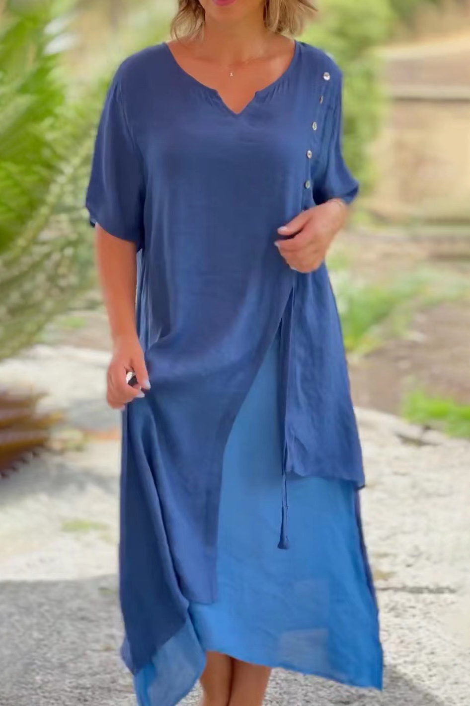 Relaxed Layered V-Neck Side Button Midi Dress