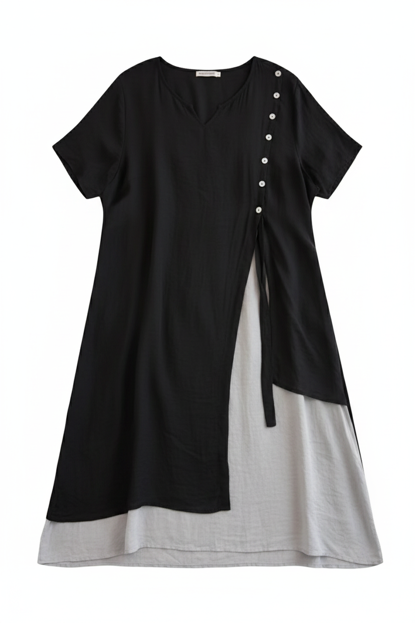 Relaxed Layered V-Neck Side Button Midi Dress