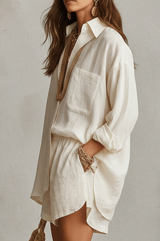 Relaxed Linen Blend Button-Up Shorts Set