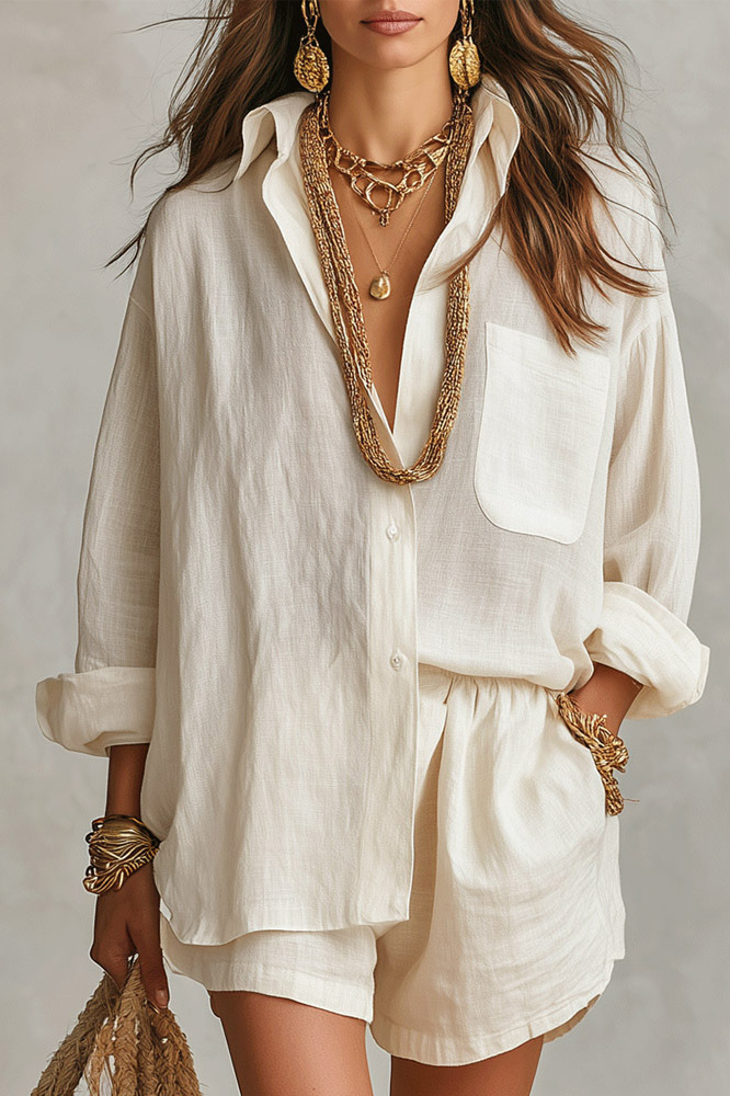 Relaxed Linen Blend Button-Up Shorts Set
