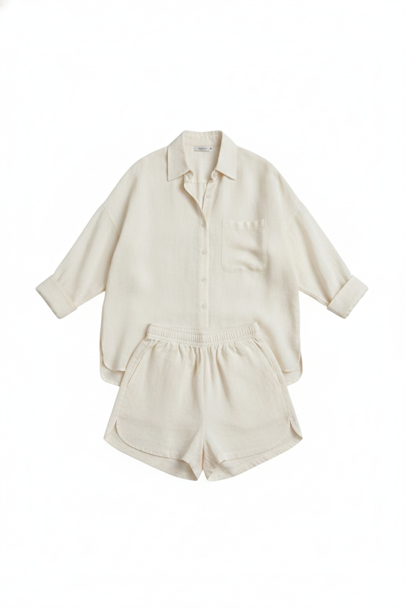 Relaxed Linen Blend Button-Up Shorts Set