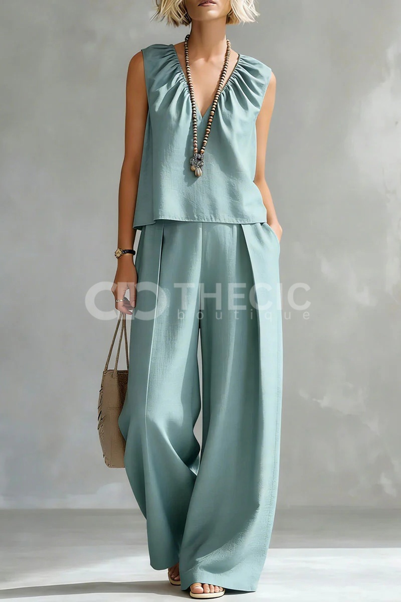 Relaxed Linen Blend V-Neck Sleeveless Wide-Leg Pant Set