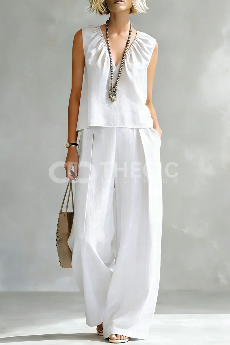 Relaxed Linen Blend V-Neck Sleeveless Wide-Leg Pant Set